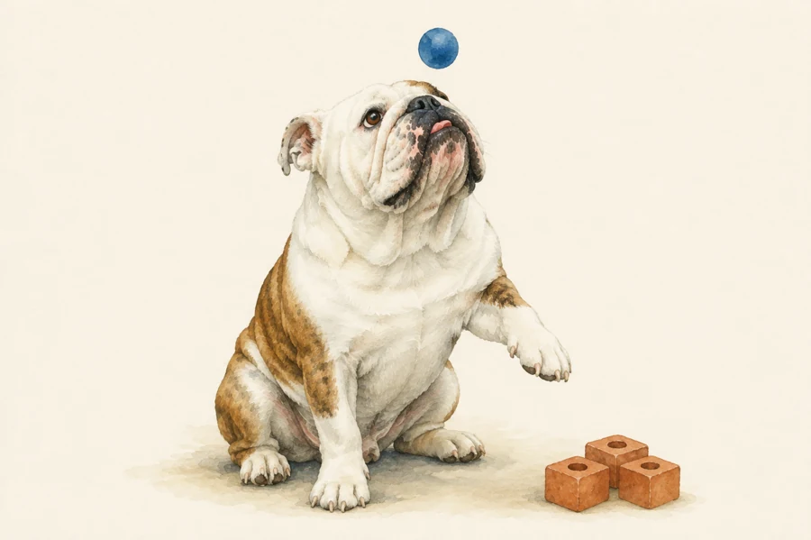Planck siguiendo una pelota azul con su patita levantada
